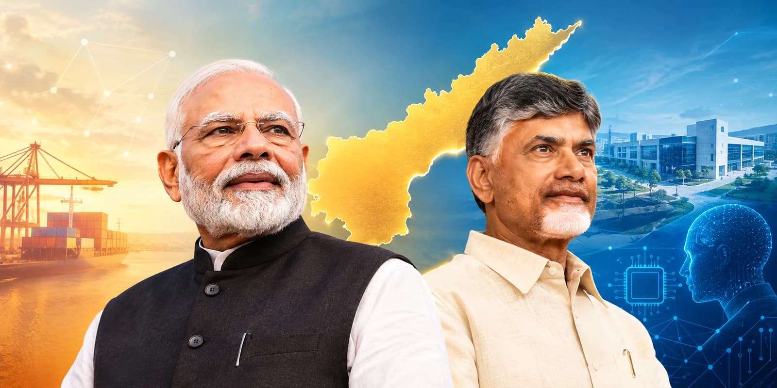 Prime Minister Narendra Modi and Chief Minister N. Chandrababu Naidu, with the map of Andhra Pradesh