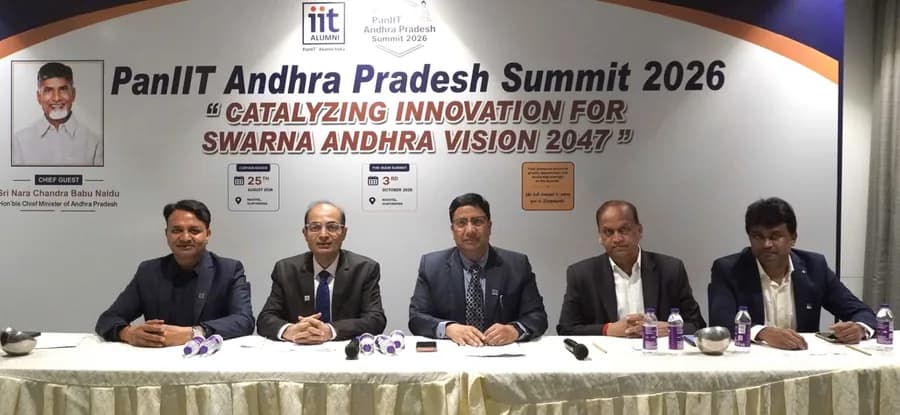 The curtain raiser press conference for the PanIIT Andhra Pradesh Summit 2026, under a banner reading Catalyzing Innovation for Swarna Andhra Vision 2047.