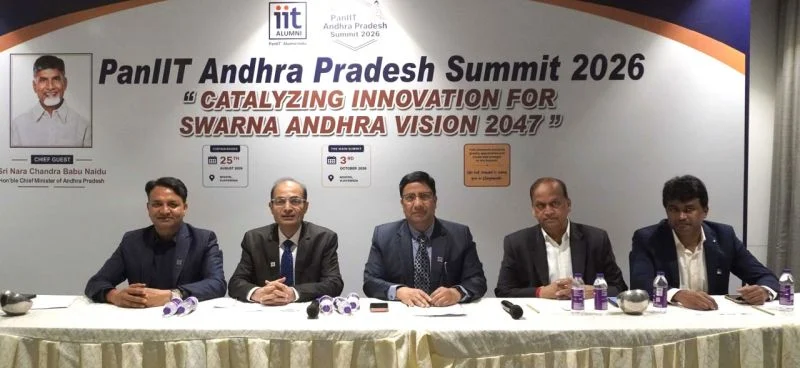 PanIIT Andhra Pradesh Summit 2026 press conference — Catalyzing Innovation for Swarna Andhra Vision 2047.